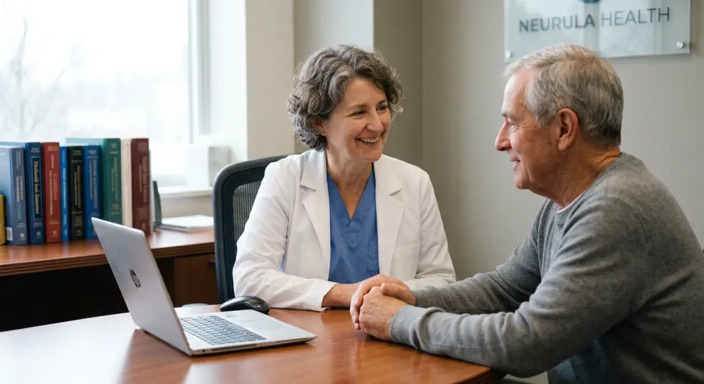 Doctor smiling and holding an older patient's hands across a desk during a consultation, laptop pushed to one side